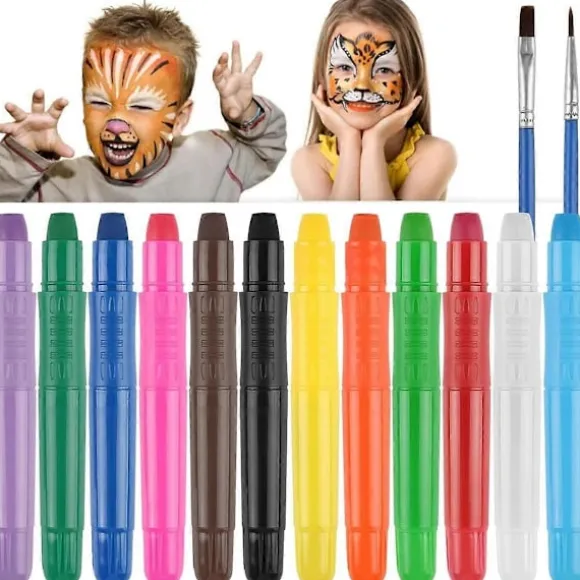 Ansigtsmalingssæt til børn, 12 farver vaskbare drejelige ansigtsmalingstuscher med 2 pensler til Halloween Cosplay As Shown