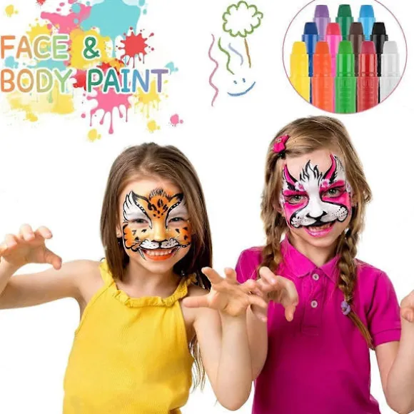 Ansigtsmalingssæt til børn, 12 farver vaskbare drejelige ansigtsmalingstuscher med 2 pensler til Halloween Cosplay As Shown