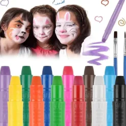 Ansigtsmalingssæt til børn, 12 farver vaskbare drejelige ansigtsmalingstuscher med 2 pensler til Halloween Cosplay As Shown