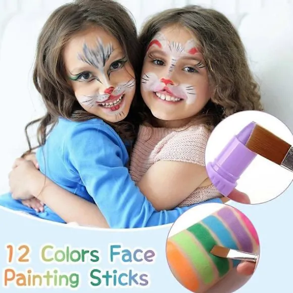 Ansigtsmalingssæt til børn, 12 farver vaskbare drejelige ansigtsmalingstuscher med 2 pensler til Halloween Cosplay As Shown