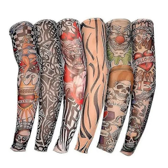 Arm Tattoo Ærmer, 6 Pak Mænd Falske Midlertidige Tatovering Nylon Ærme Arm Strømper Elastisk Biker Ærme til Halloween