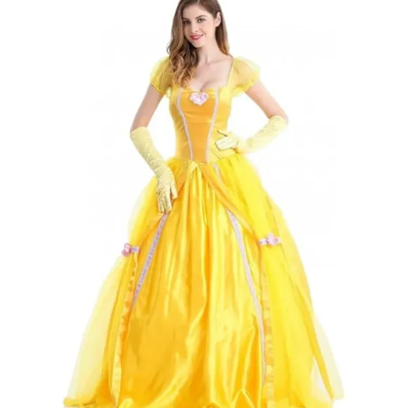 Belle kjole voksen prinsesse kostume fest karneval cosplay performance halloween gul kostume med handsker,XXL