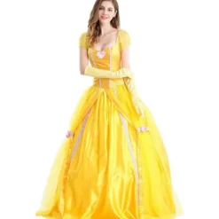 Belle kjole voksen prinsesse kostume fest karneval cosplay performance halloween gul kostume med handsker，XXL
