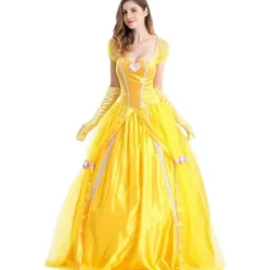 Belle kjole voksen prinsesse kostume fest karneval cosplay performance halloween gul kostume med handsker,XXL