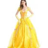 Belle kjole voksen prinsesse kostume fest karneval cosplay performance halloween gul kostume med handsker, XXL