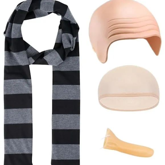 Bestseller 4-pakke Grusomme Mig Gru Cosplay Kit Falsk Næse Skaldet Paryk Halloween Kostume Tilbehør Sort Grå Stribet Halstørklæde Cosplay Sæt til Voksen | Fyndiq