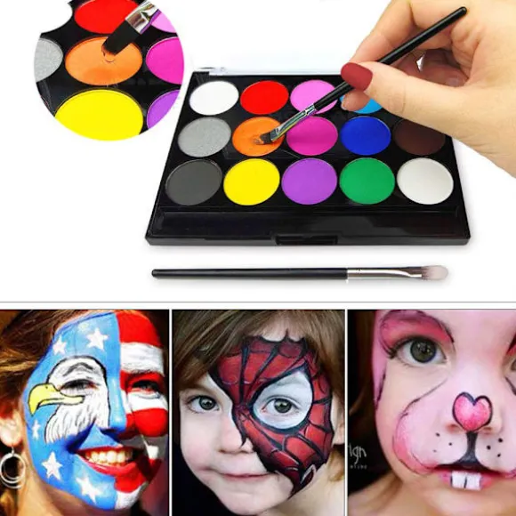 Børne Make-Up Farver til Kroppen, 15 Farvers Make-Up Palette 2 penne + 4 skabeloner Børne Ansigtsmaling Sæt til Børnefester og Karnevalsansigt