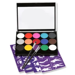 Børne Make-Up Farver til Kroppen, 15 Farvers Make-Up Palette 2 penne + 4 skabeloner Børne Ansigtsmaling Sæt til Børnefester og Karnevalsansigt