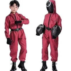 Børns Squid Game Kostume Cosplay Jumpsuit + Maske H Trekanter Triangles 140cm