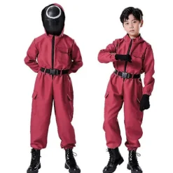 Børns Squid Game Kostume Cosplay Jumpsuit + Maske H firkant square 150cm