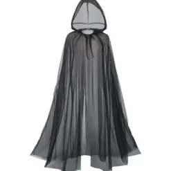 Brudekjole med hætte af tyl til kvinder, elverkjole med langt slæb, halloween-kappe, hekse-cosplay, maskefestkostume (sort)