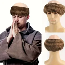 [Brun munkeparyk] Brun lige kort herre munkeparyk med barberet hoved | med hætte, perfekt til Halloween-kostume, temafester og rollespil (Cosplay) Brown 8inch | Fyndiq