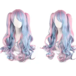 [CA] Lolita Lang Krøllet Clip-On Hestehale Cosplay Paryk, Dobbelt Hestehale Tiger Clip Lang Krøllet Paryk (pink/blå/blond), wz-1352 (FMY)