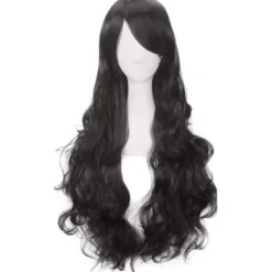 Charmerende Lang Sort Paryk til Kvinder Krøllet Bølget Hår Kostume Cosplay Halloweenfest Paryk Lolita Stil Anime Paryk