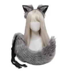 Cosplay Furry Dyreører Hårbøjle Hale Sæt Fancy Kjole Kostume Lang Pels Hovedbeklædning til Halloween Fest Dekoration Grå Gray