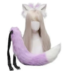 Cosplay Furry Dyreører Hårbøjle Hale Sæt Fancy Kjole Kostume Lang Pels Hovedbeklædning til Halloween Fest Dekoration Lilla og hvid Purple and white