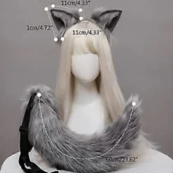 Cosplay Furry Dyreører Hårbøjle Hale Sæt Fancy Kjole Kostume Lang Pels Hovedbeklædning til Halloween Fest Dekoration Lilla og hvid Purple and white