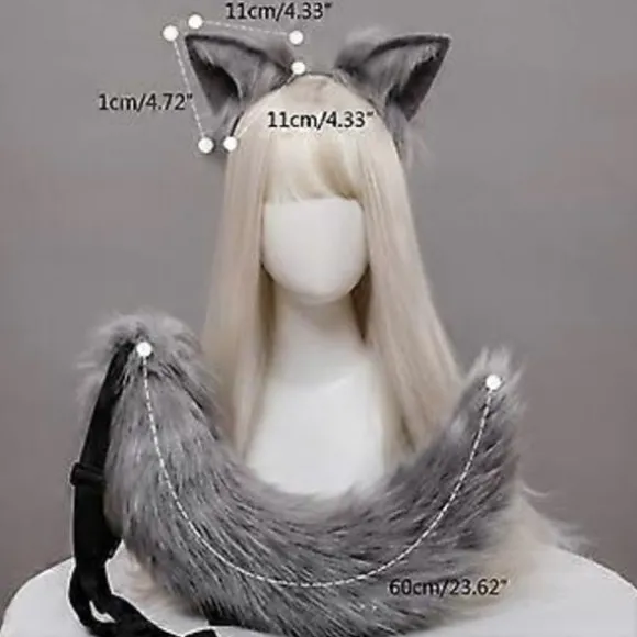 Cosplay Furry Dyreører Hårbøjle Hale Sæt Fancy Kjole Kostume Lang Pels Hovedbeklædning til Halloween Fest Dekoration Lilla og hvid Purple and white