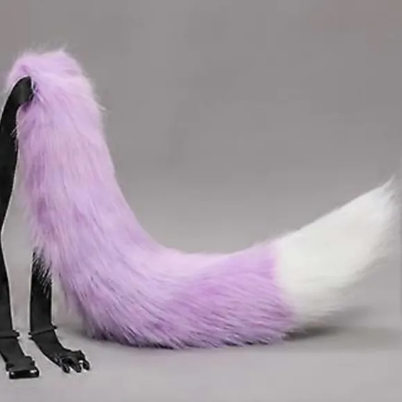 Cosplay Furry Dyreører Hårbøjle Hale Sæt Fancy Kjole Kostume Lang Pels Hovedbeklædning til Halloween Fest Dekoration Lilla og hvid Purple and white