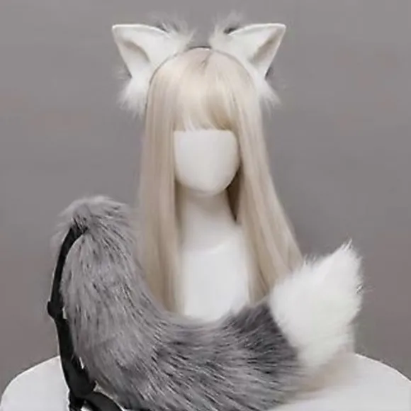 Cosplay Furry Dyreører Hårbøjle Hale Sæt Fancy Kjole Kostume Lang Pels Hovedbeklædning til Halloween Fest Dekoration Lilla og hvid Purple and white
