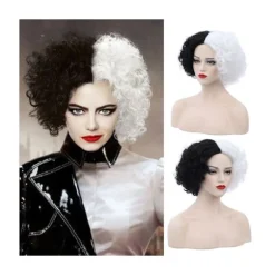 Cosplay Paryk Fluffy Sort Hvid Højtemperatur Fiber Varmebestandig Komfortabel Kort Krøllet Bølge Hekse Paryk til Halloween - Sort Hvid
