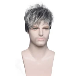 Creamily Mænd Grå Paryk Kort Lagdelt Grå Blandet Sort Naturlig Syntetisk Halloween Cosplay Kostume Parykker til Mænd, CJY