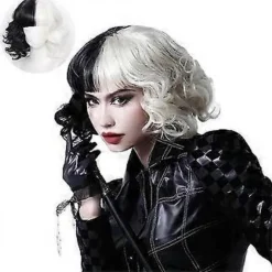 Cruella De Vil Cosplay Kort Sort og Hvid Fuld Paryk Til Halloween Kvinder Bølget Bob Paryk Med Pandehår Maskerade Kostume Rekvisitter