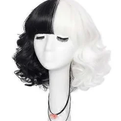 Cruella De Vil Cosplay Kort Sort og Hvid Fuld Paryk Til Halloween Kvinder Bølget Bob Paryk Med Pandehår Maskerade Kostume Rekvisitter