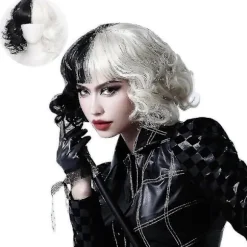 Cruella De Vil Cosplay Paryk Halvt Sort og Hvid til Kvinder Cosplay Tilbehør, Kort Bølget Bob Halloween Fest Parykker med Pandehår_yux