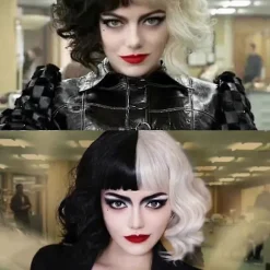 Cruella Devil Cosplay Paryk Halv Sort og Hvid til Kvinder Cosplay Tilbehør, Kort Bølget Bob Halloween Party Parykker med Pandelok