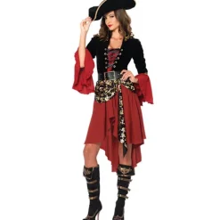 Dam 3 st Cruel Seas Pirate Kaptajn Kjole Kostume med fastgjort bælte, bælte, hat, sort/vinrød S