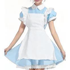 Dame Blå Alice i Eventyrland Kostume Halloween Julefrokost Kostume Stuepige Kjole Eventyr Udklædning Med Sort Sløjfe Hovedbeklædning