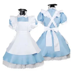 Dame Blå Alice i Eventyrland Kostume Halloween Julefrokost Kostume Stuepige Kjole Eventyr Udklædning Med Sort Sløjfe Hovedbeklædning