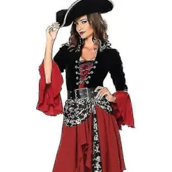 Dame 3-delt Cruel Seas Piratkaptajnkjole Kostume Med Fastgjort Skærf, Bælte, Hat, Sort/vinrød-xinhan 2XL_tfrf 2XL