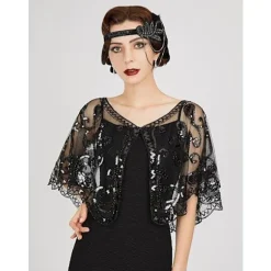Dame 1920'er Flapper Sjal, Pailletbesatte Perlebesatte Sjaler og Slå-om til Aftenkjoler/Fest/Bryllup/Formal/Harlem nat black