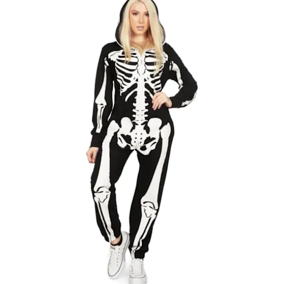 Dame Halloween Skeletdragt - Komfortabel og Enkel Voksen Jumpsuit Bodysuit - For- og Bagtryk med Lynlås