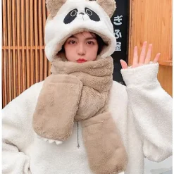 Dame Ny Høj Kvalitet Panda Sød Plys Hat Dame Vinter Udendørs One-piece Hat Casual Varm Hat Tørklæde Handsker Dame Khaki One Size