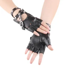 Dame PU Læder Punk Handsker Nitter Bælte Op eller Snap Halv Finger Performance Vanter（Sort）
