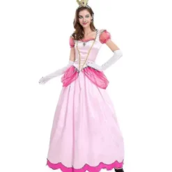 Dame Super Mario Peach Cosplay Kostume Pink Prinsesse Kjole + Handsker + Hovedbeklædning Sæt Karneval Fest 2XL