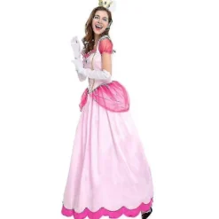 Dame Super Mario Peach Cosplay Kostume Pink Prinsesse Kjole + Handsker + Hovedbeklædning Sæt Karneval Fest 2XL