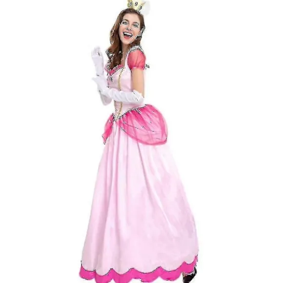 Dame Super Mario Peach Cosplay Kostume Pink Prinsesse Kjole + Handsker + Hovedbeklædning Sæt Karneval Fest 2XL