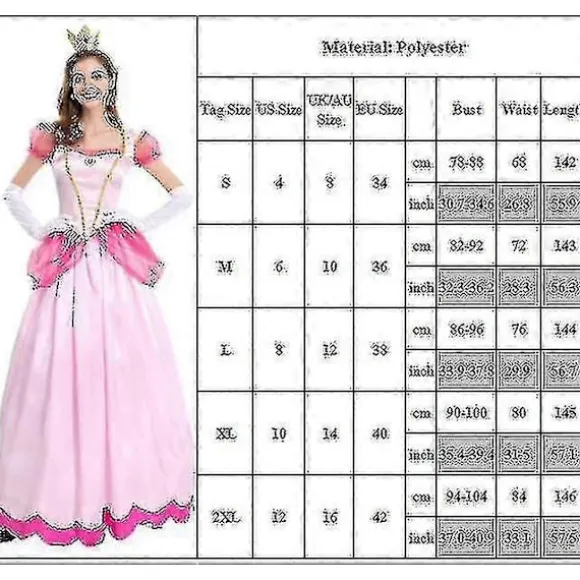 Dame Super Mario Peach Cosplay Kostume Pink Prinsesse Kjole + Handsker + Hovedbeklædning Sæt Karneval Fest 2XL