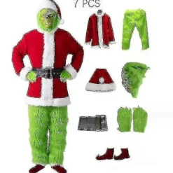 7-delt Grinch-kostume til julecosplay, voksen julemandskostumesæt + maske A-Perfet Mask only Mask only Mask only L