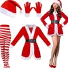 5-delt julemandskostumesæt, juleoutfit til kvinder, inklusive en kjole (med bælte), hat, stribede leggings og handsker (størrelse M).