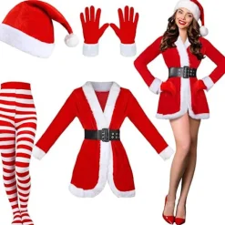 5-delt julemandskostumesæt, juleoutfit til kvinder, inklusive en kjole (med bælte), hat, stribede leggings og handsker (størrelse M).