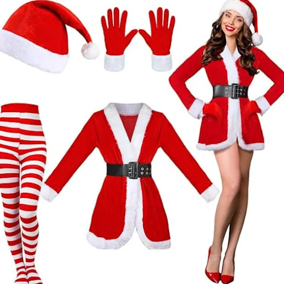 5-delt julemandskostumesæt, juleoutfit til kvinder, inklusive en kjole (med bælte), hat, stribede leggings og handsker (størrelse M).