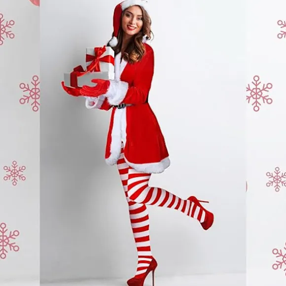 5-delt julemandskostumesæt, juleoutfit til kvinder, inklusive en kjole (med bælte), hat, stribede leggings og handsker (størrelse M).