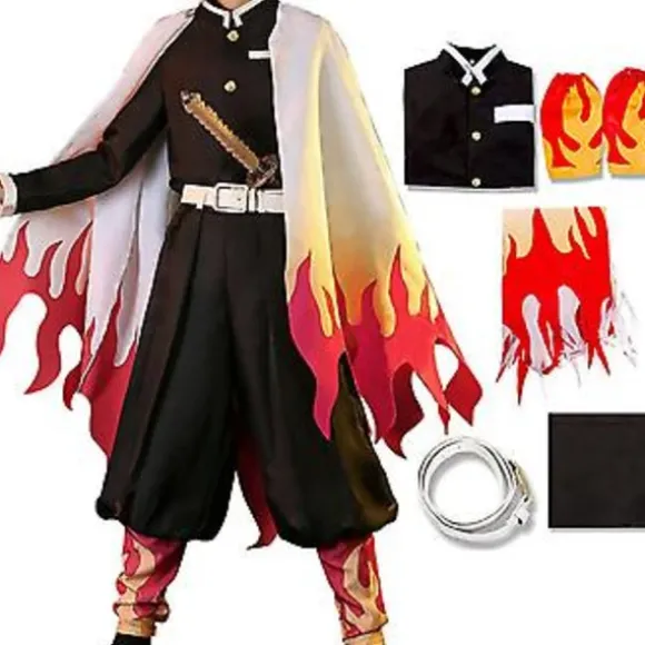 Demon Slayer Deluxe Kostume, Rengoku Kyoujurou Cosplay Kimono Outfit til Mænd, Japansk Anime Rollespil Kostume til Halloweenfest Comic Con (XL)