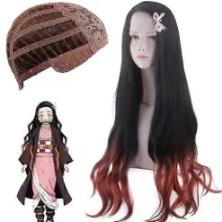 Demon Slayer Kamado Nezuko Cosplay Syntetisk Paryk Bølget Hår Fuld Parykker