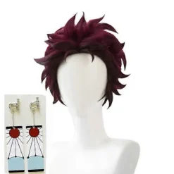 Demon Slayer: Kimetsu No Yaiba Tanjiro Kamado Cosplay Paryk Kort Kastanjebrun Varmebestandig Hår Cosplay Parykker + Øreringe (LGL) One Size Wig and Earrings | Fyndiq